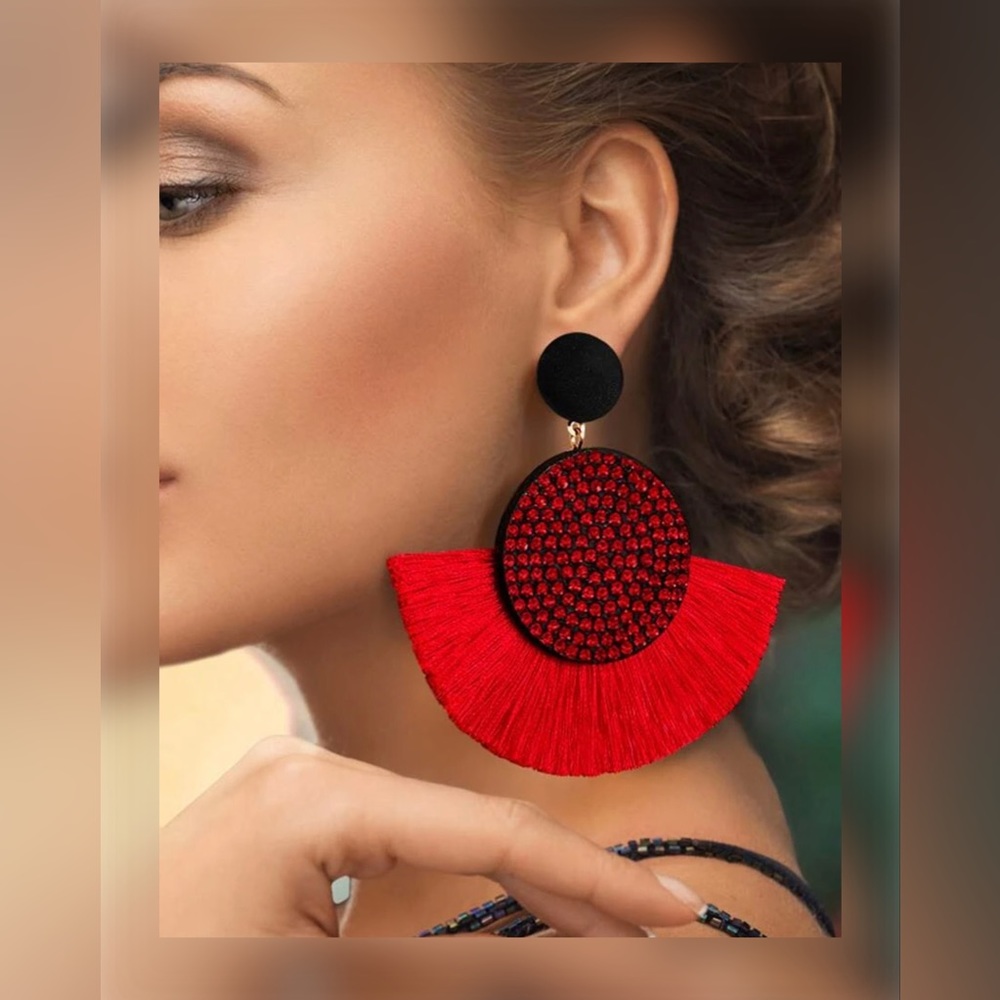 RED BOHEMIAN RHINESTONE BEADED THREADED TASSEL DROP EARRINGS